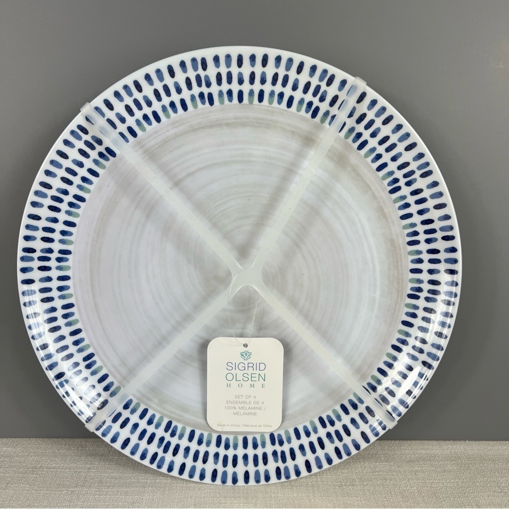 Sigrid Olsen Melamine Dinner Plates Modern Blue White Grey Pattern Set of 4 NEW